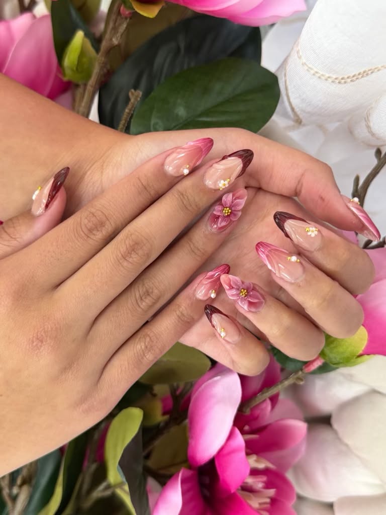 Floral 3D nail art with rhinestones